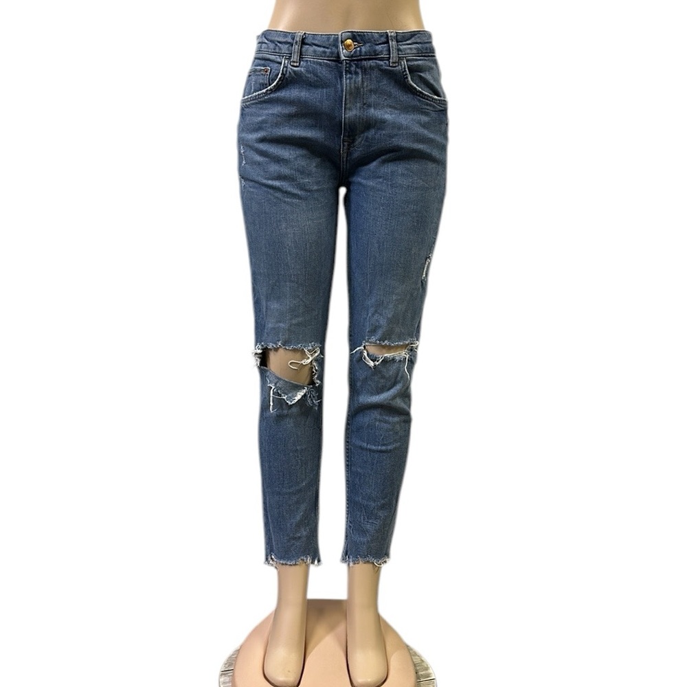 Denim Bershka Distressed Blue Jeans High Rise Raw Hem Skinny Crop Womens 31